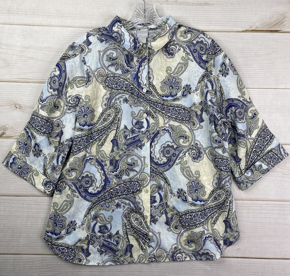 Chico's Top Sz 2 US L 12 100% Linen No Iron Blue Paisley Print Sleeve Button Up